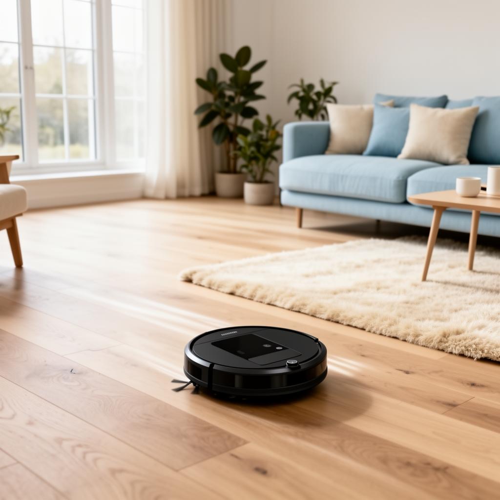 Living room with robot vacuum and dog